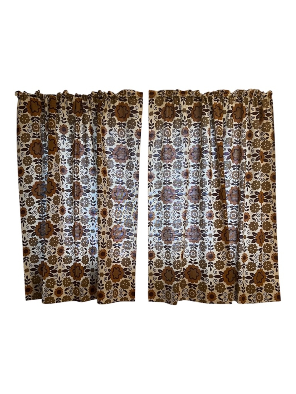 Vintage Curtains 70's Floral Orange Brown Earth Tones Cotton